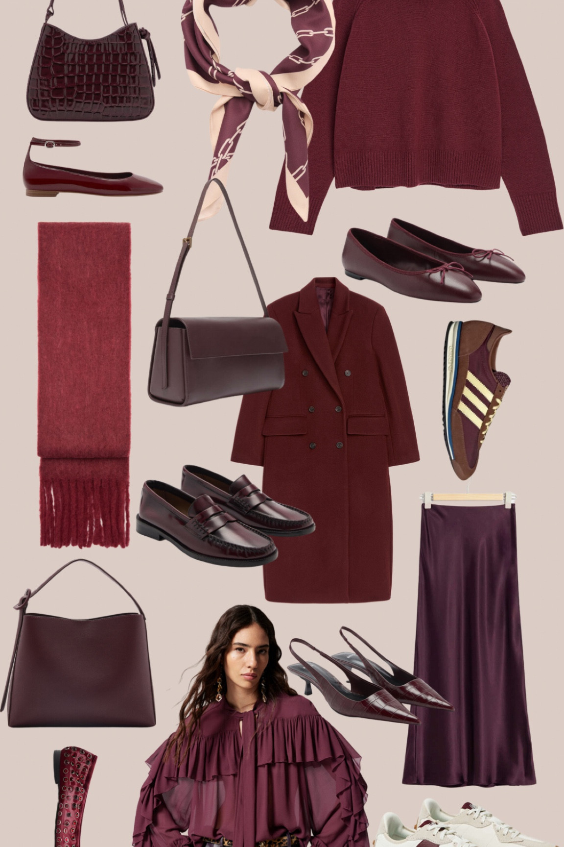 Burgundy knit 
Burgundy ballet flats 
Burgundy bag
Burgundy coat 
Burgundy trainer 
 

#LTKeurope #LTKuk #LTKautumn