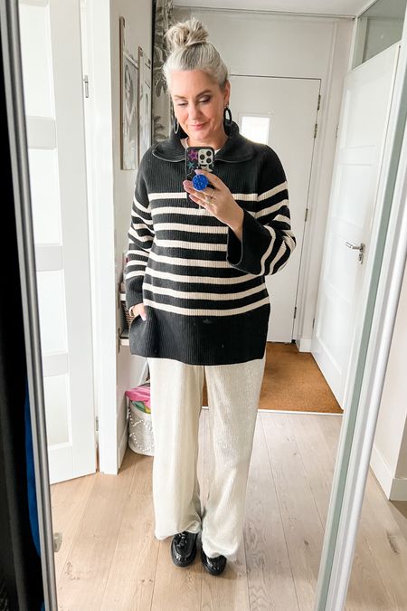 Ootd - Friday. After a morning of shooting occasion wear in the pouring rain, all I wanted was something warm and comfy. Metallic plissé trousers and a knit striped jumper. Track sole loafers. 



#LTKover40 #LTKstyletip #LTKeurope