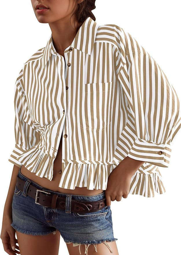 Women's 3/4 Sleeve Button Down Striped Shirt Ruffle Hem Blouses | Amazon (US)