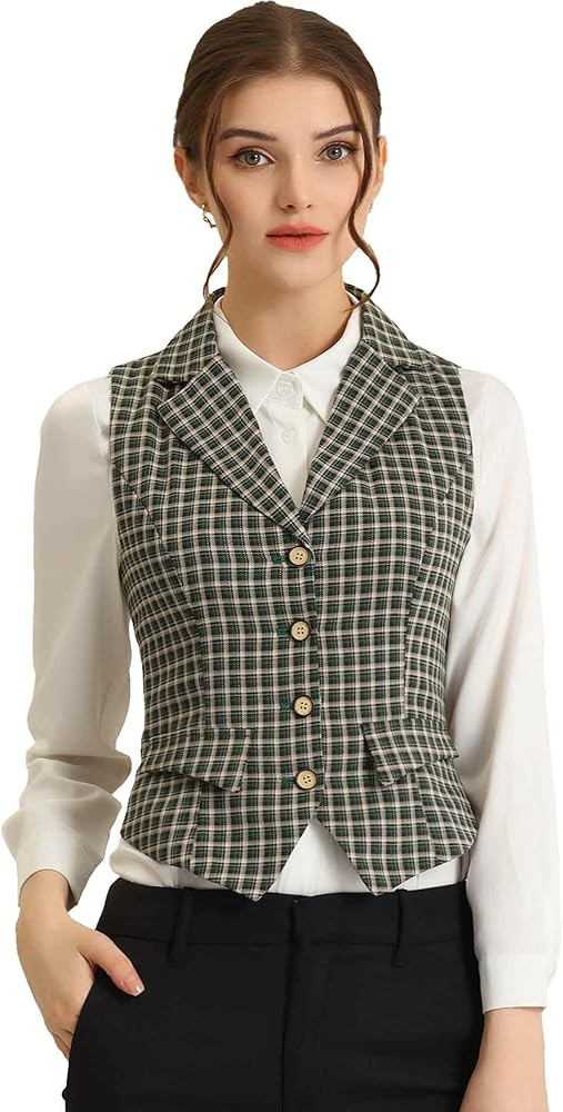 Allegra K Women's Plaid Waistcoat Notched Lapel Collar Single Breasted Vintage Vest | Amazon (US)