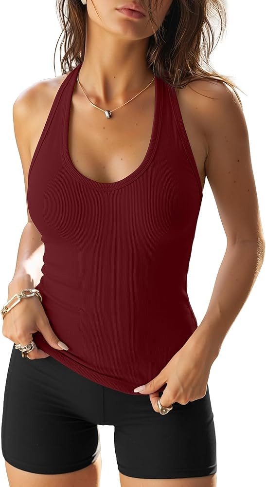 Darong Halter Tank Top for Women with Built in Bra Soft Ribbed V Neck Backless Cami Shirts Basic ... | Amazon (US)