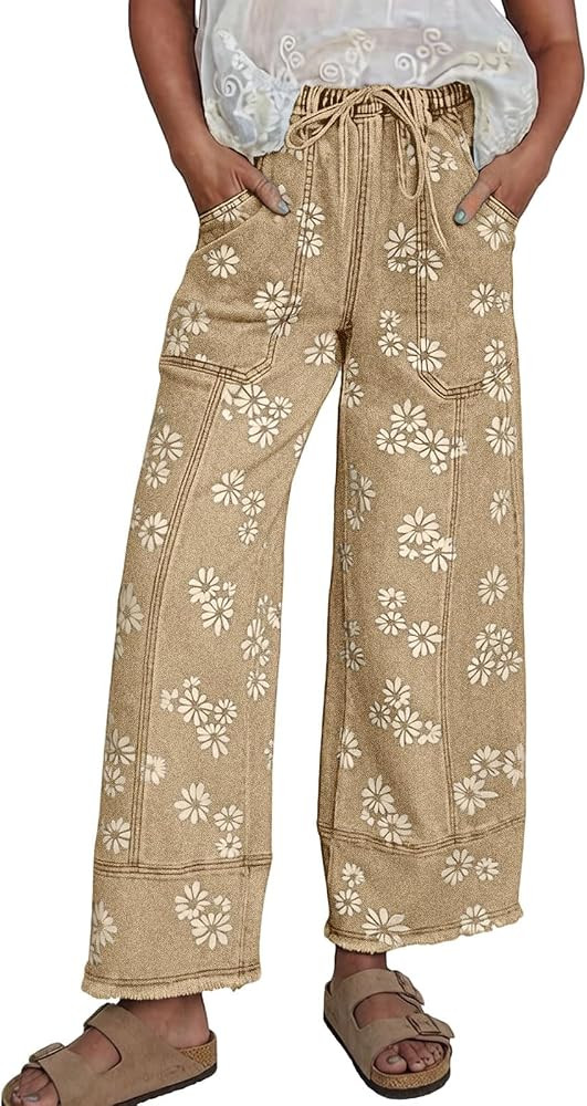 loveimgs Women Baggy Wide Leg Jeans Floral Print Elastic High Waist Denim Pants Drawstring Vintag... | Amazon (US)