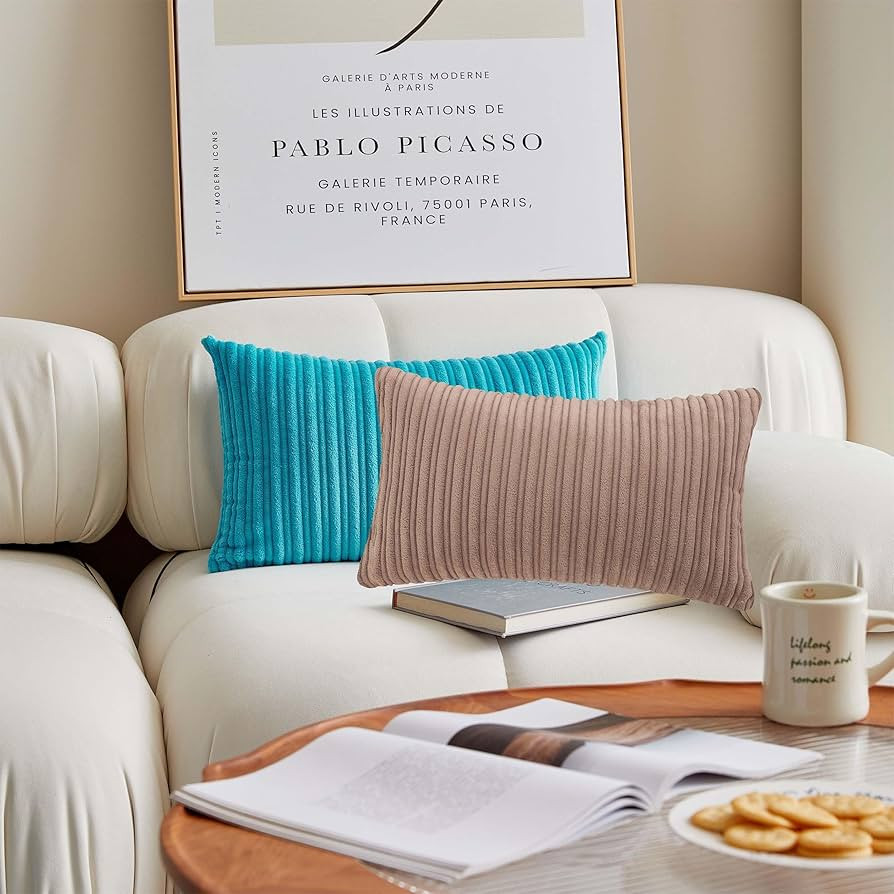 UGASA Decorative Soft Velvet Stripe Lumbar Pillow Cover 1 Pack Solid Corduroy Textured Euro Oblon... | Amazon (US)