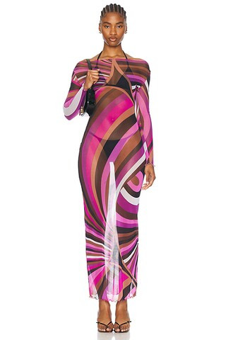 Emilio Pucci Sheer Long Sleeve Dress in Fuxia & Narrone | FWRD | FWRD 