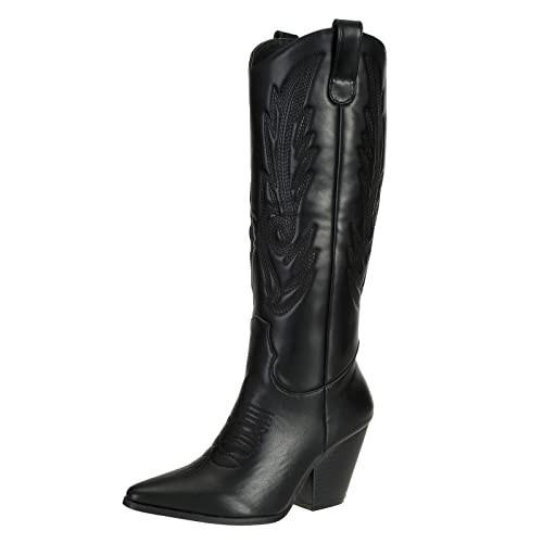 SheSole Women's Tall Cowgirl Cowboy Boots Knee High Chunky Heel Wide Calf Western Country Riding Boots Black US 9.5 | Amazon (US)