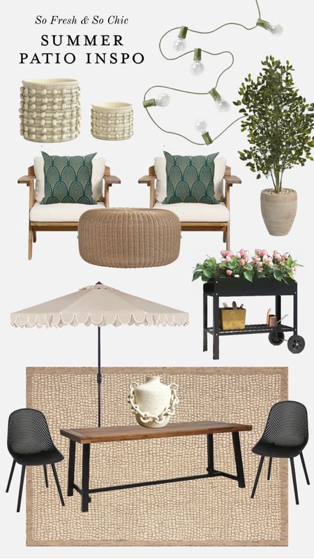 Summer patio inspiration! Lounge area furniture and decor plus outdoor dining area furniture and decor.
-
Neutral beige outdoor umbrella - outdoor farmhouse dining table - perforated outdoor dining chairs - black planter cart - woven ottoman coffee table outdoor - outdoor arm chairs - outdoor printed throw pillows - faux tree outdoor - textured concrete planters set of 2 - outdoor rug neutral - outdoor string lights green - affordable outdoor decor - affordable outdoor furniture - Wayfair - Etsy chain link ceramic vase - patio furniture 

#LTKunder100 #LTKsalealert #LTKhome