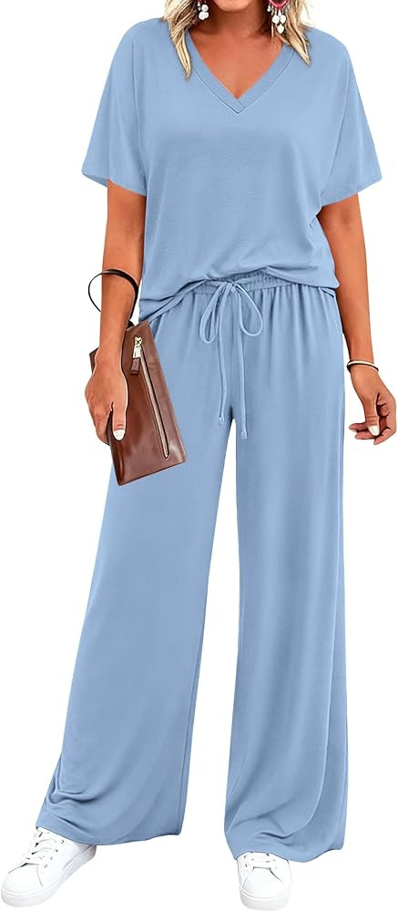 BTFBM 2 Piece Sets for Women Summer V Neck Short Sleeve Lounge Set Wide Leg Pants Matching Set Ai... | Amazon (US)