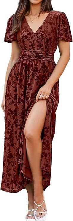 Simplee Women's Velvet Maxi Dress V Neck Short Sleeve Empire Waist Semi Formal Long Cocktail Dres... | Amazon (US)