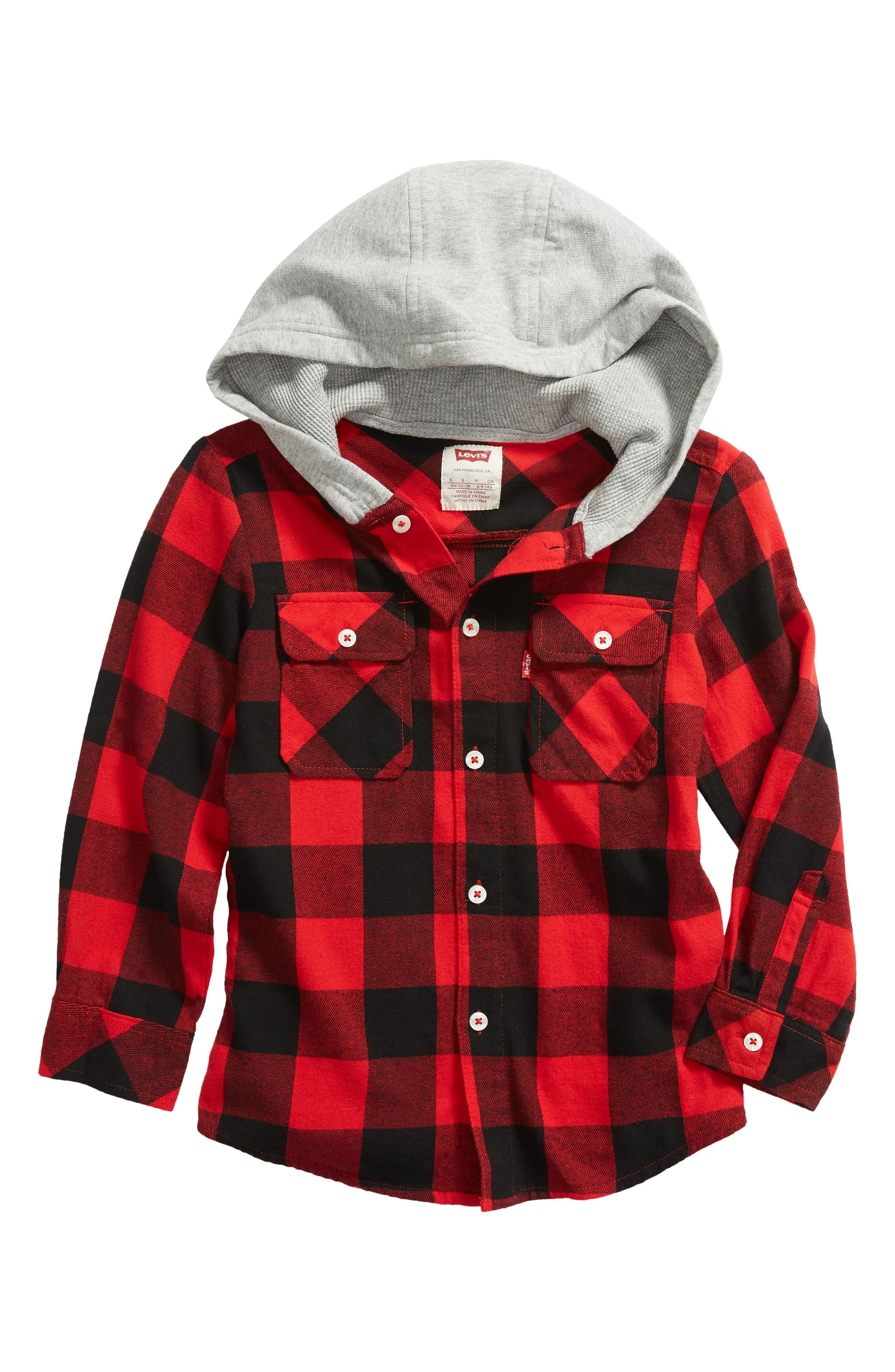 Toddler Boy's Levi'S Kids' Hooded Buffalo Check Shirt Jacket, Size 4 - Red | Nordstrom