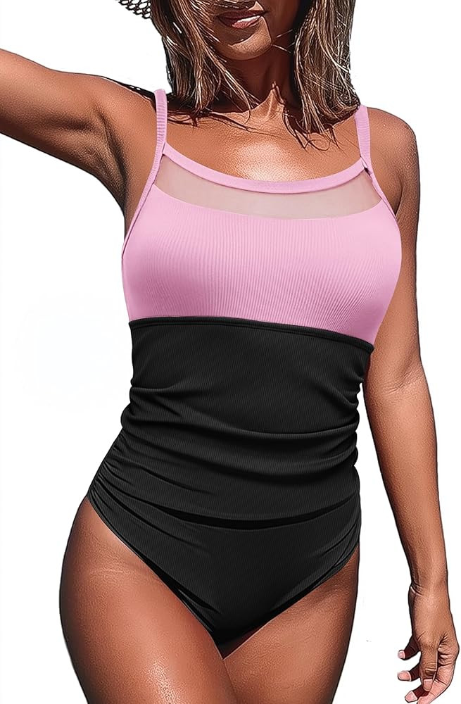 AI'MAGE Women's Ribbed One Piece Swimsuit Tummy Control Ruched Bathing Suit Sexy Mesh Swim Suits ... | Amazon (US)