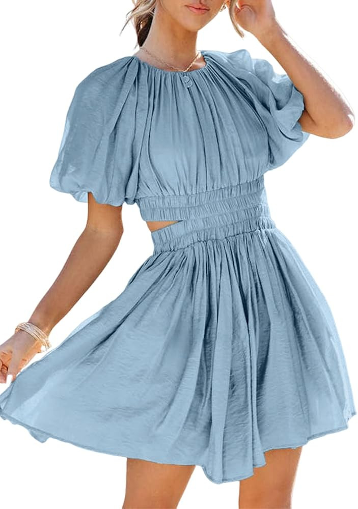 AlvaQ Women Summer Crewneck Cut Out Dresses Casual Puff Sleeve Swing A Line Short Mini Dress with... | Amazon (US)