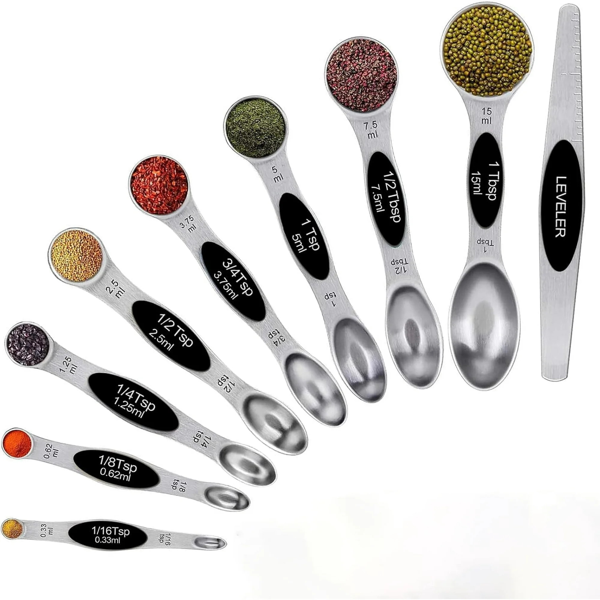 9-Piece Magnetic Measuring Spoons Set, Dual-Sided Stainless Steel with Leveler, Black, Fits in Sp... | Walmart (US)