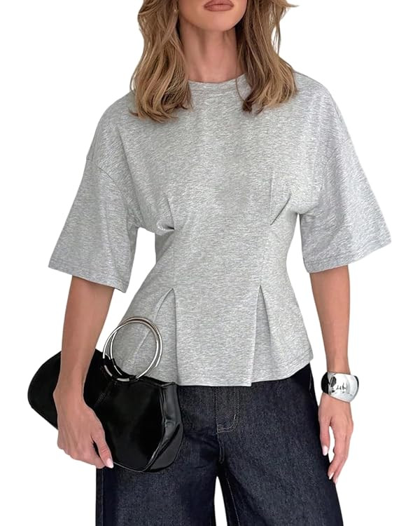 Verdusa Women's Peplum Top Cinched Waist Half Sleeve Crew Neck T Shirts Tops Going Out | Amazon (US)