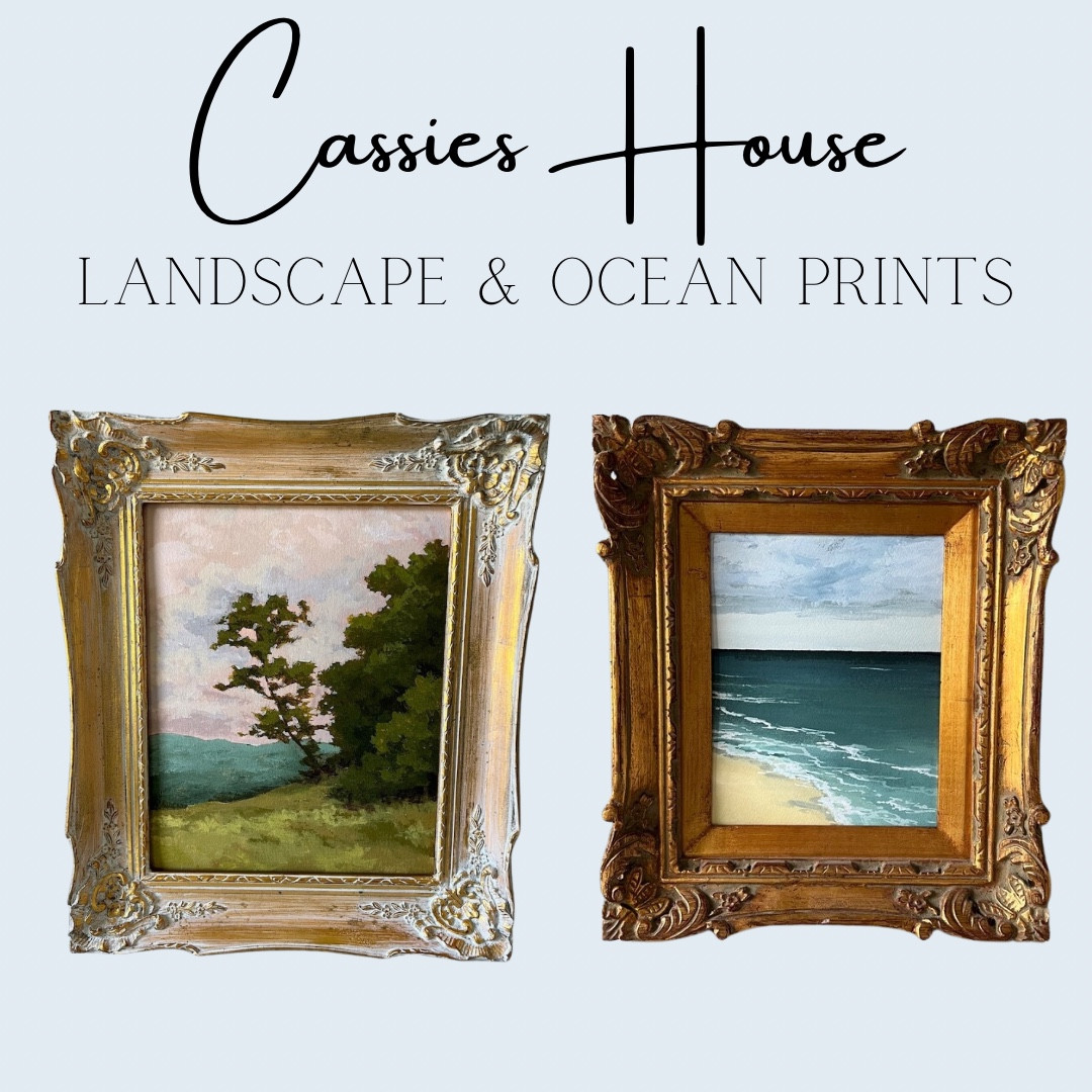 Landscape and ocean prints, ornate gold frames. 

Wall art. 

#LTKhome