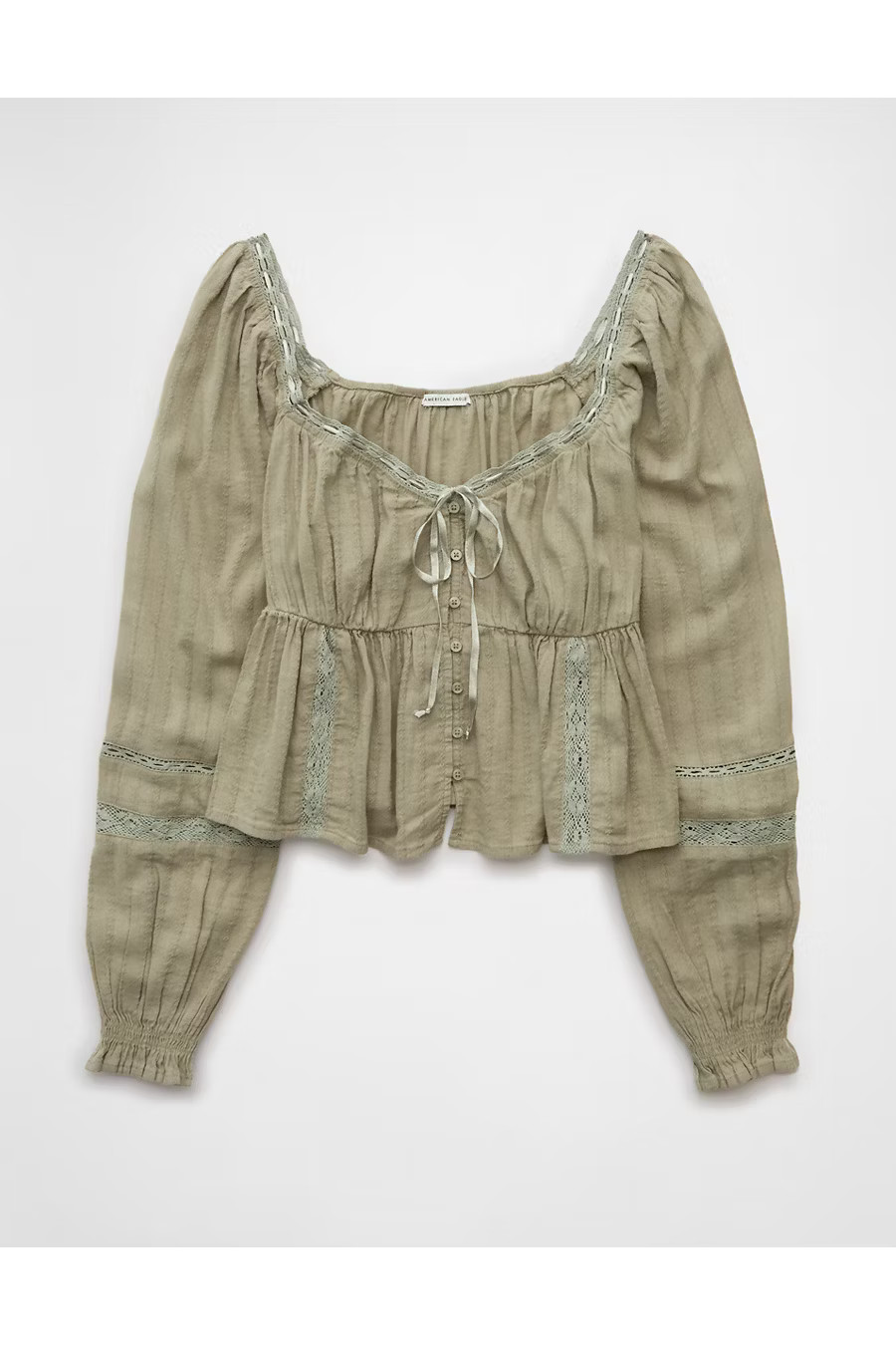 AE Long-Sleeve Babydoll Blouse Women's Faded Olive L | American Eagle Outfitters (US & CA)