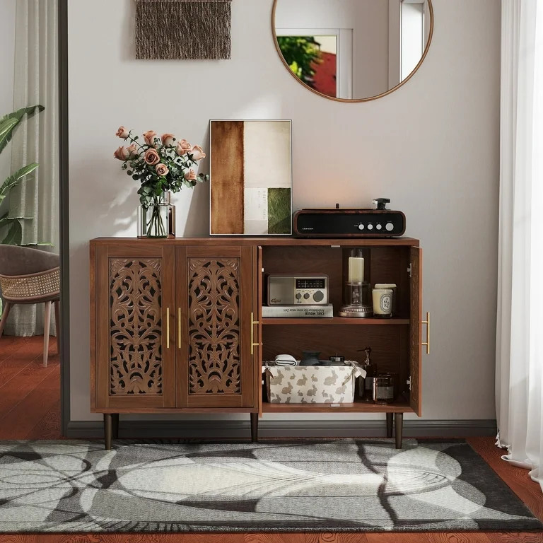 MROJISC Brown Accent Cabinet,47.8'' Hollow Carving Buffet Cabinet with 4 Doors for Entryway,Livin... | Walmart (US)