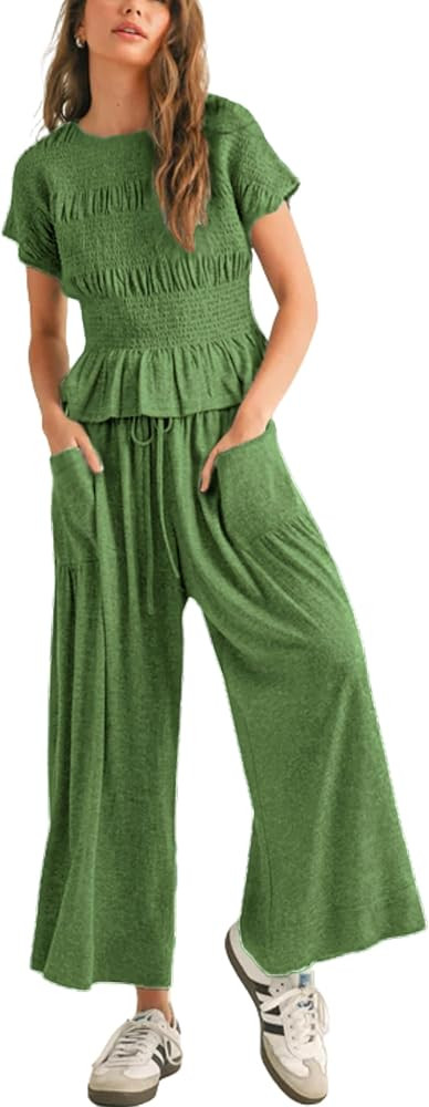 Womens 2 Piece Smocked Top Wide-Leg Pants Set High-Waisted Lounge Outfit with Pockets Casual Boho... | Amazon (US)