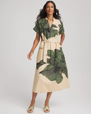 Women's Printed Cotton-Voile Popover Midi Dress in Sandstone | Chico's | Chico's