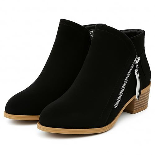 GHIBHNA Women'S Suede Chunky Heel Walking Ankle Boots With Side Zipper Retro Pointed Toe Low Block Heel Comfortable Work Boots Stylish Everyday Non-Slip Boot (black,8.5) | Amazon (US)
