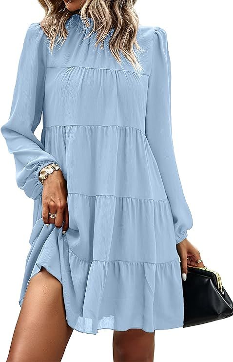 KIRUNDO Women's Long Sleeve Ruffle Mock Neck Tiered Mini Babydoll Dress Casual Flowy Swing Tunic ... | Amazon (US)