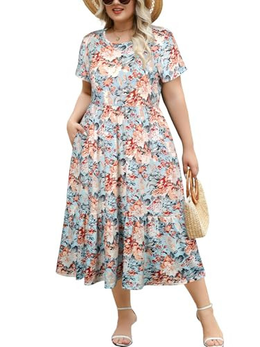 Younrui Women's Plus Size Midi Floral Dresses with Pockets Short Sleeve Crewneck Loose Plain Summer Flowy Tiered Dress(3XL-1033-BM_N_Floral) | Amazon (US)