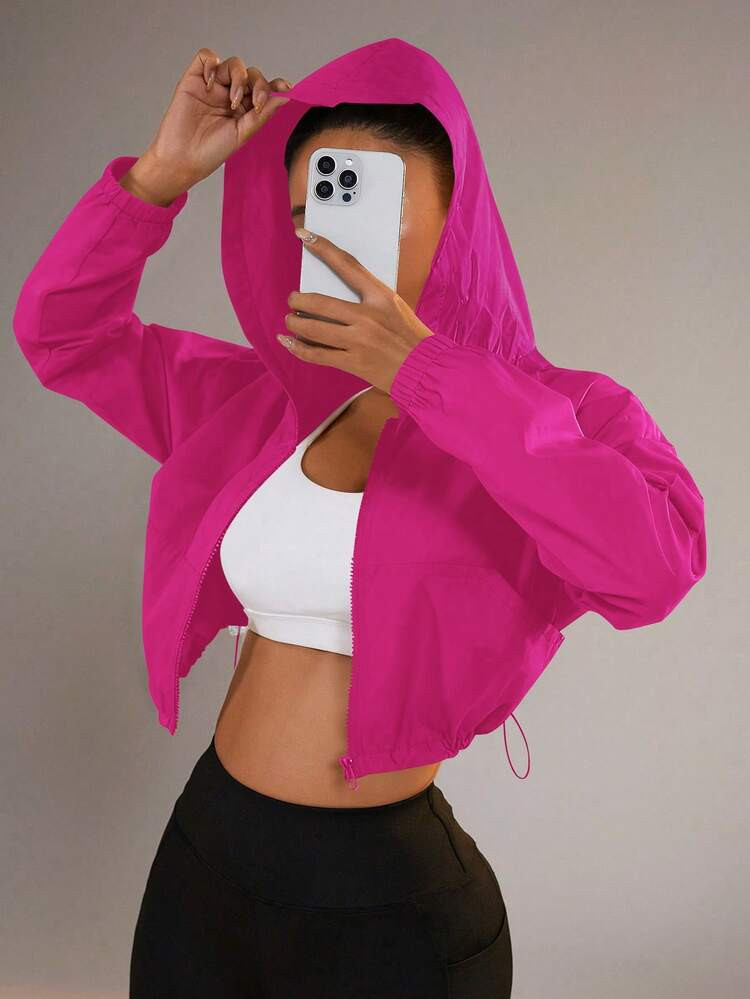 Easithlete Zip-Up Hooded Drawstring Hem Sun Protection Jacket Crop Top Jacket Blouse Gym Cropped Hoodies For Women Jacket Gym Cropped Workout Jacket | SHEIN