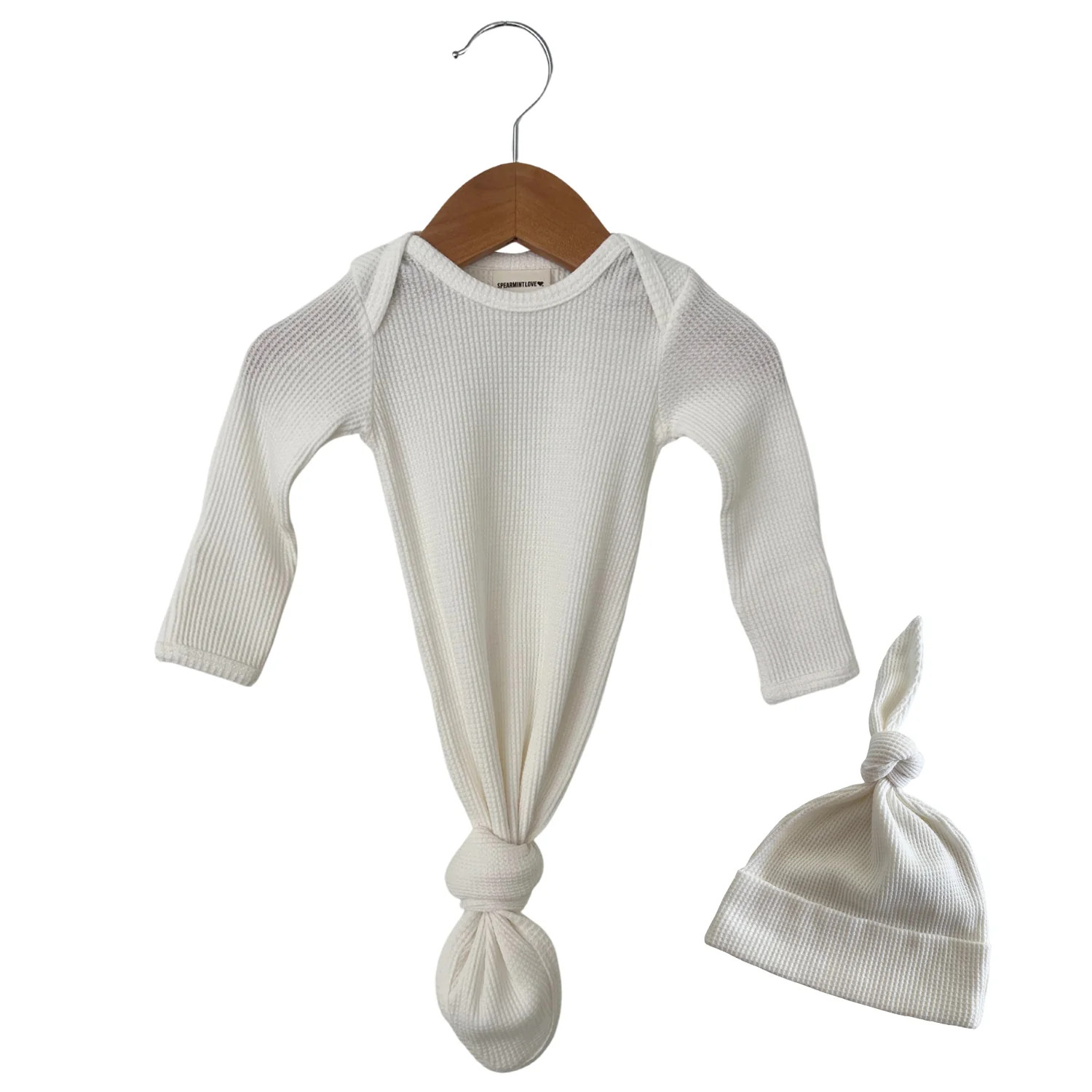 Organic Waffle Knotted Gown & Hat Set, Winter White | SpearmintLOVE