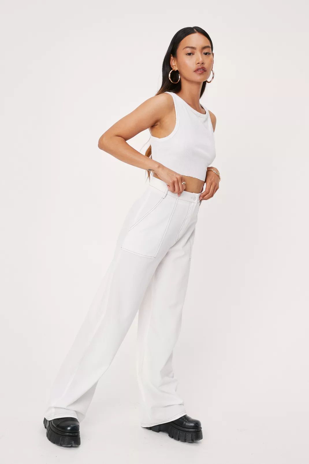 Petite Contrast Stitch Wide Leg Pants | Nasty Gal (US)