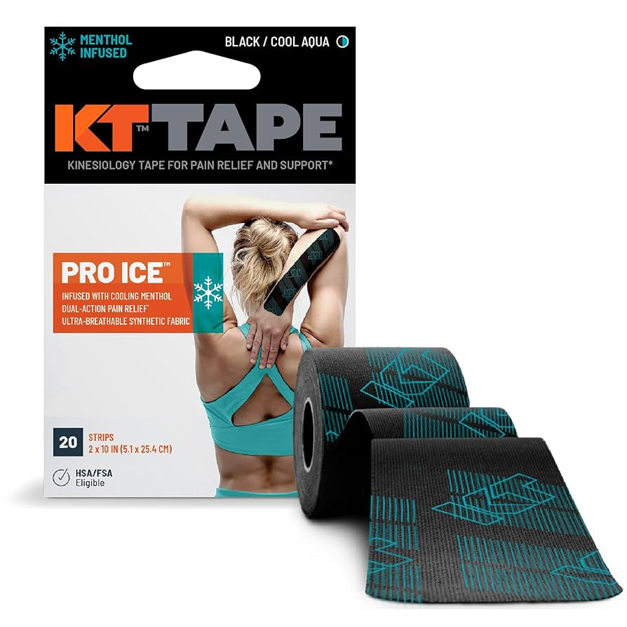 KT Tape, Pro Ice, Menthol Infused Kinesiology Tape, 20 Count, 10" Precut Strips, Black | Amazon (US)