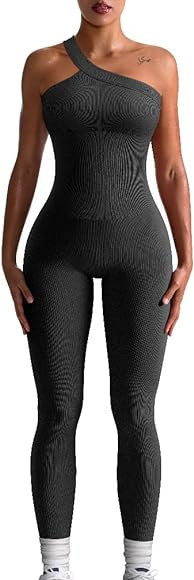 OQQ Women Yoga Jumpsuits Workout Ribbed One Shoulder One Piece Sport Jumpsuits | Amazon (US)