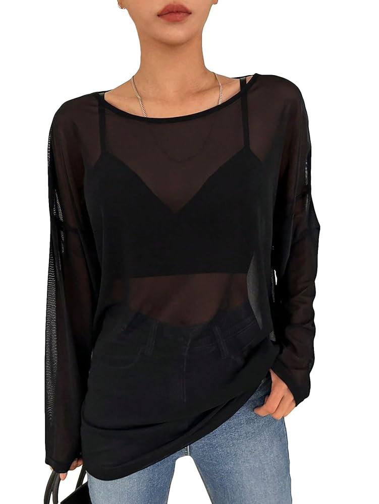 GORGLITTER Women's Mesh Long Sleeve Tops See Through Sheer Boat Neck T Shirts Sexy Concert Outfit... | Amazon (US)