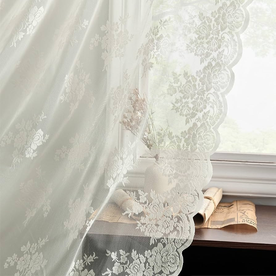 Kotile Ivory Lace Curtains 96 Inches Long - Country Floral Vintage Lace Window Curtains for Livin... | Amazon (US)