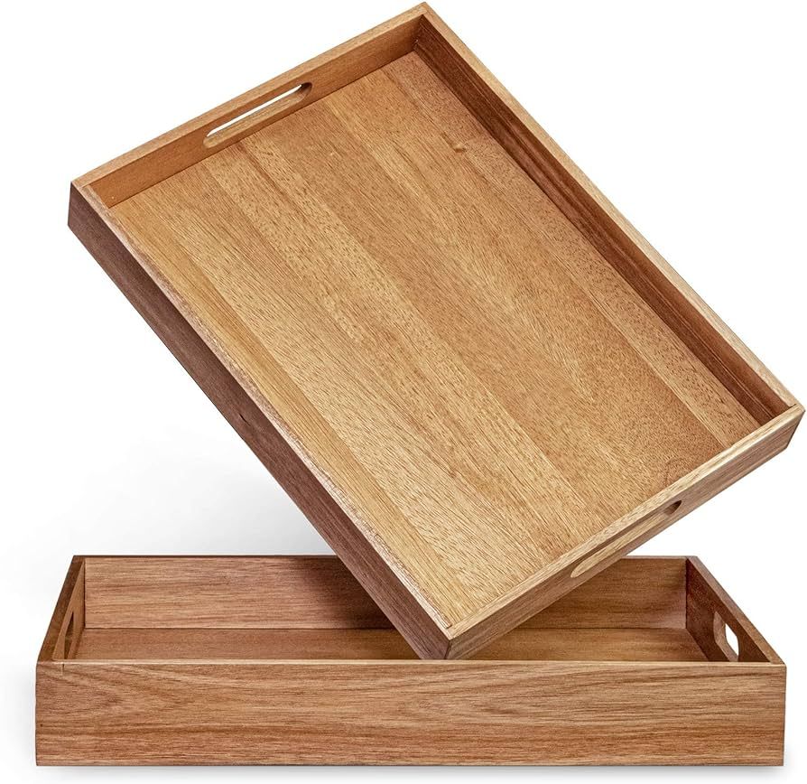 Acacia Wood Serving Tray with Handles Set of 2 – Decorative Serving Trays Platter for Breakfast... | Amazon (US)