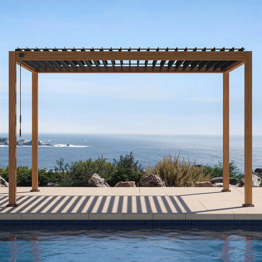 111S Takasho Wood Grain Aluminum Pergola with Adjustable Rainproof Louver | Wayfair North America