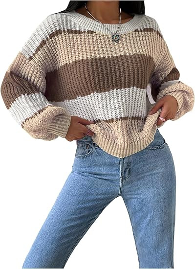 Verdusa Women's Chunky Knit Sweaters Color Block Long Sleeve Crew Neck Casual Pullover Jumper | Amazon (US)