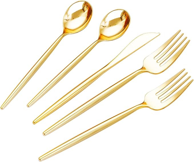 SUT 300 Pcs Gold Plastic Cutlery, Gold Utensils Disposable, Gold Plastic Silverware Set Include 1... | Amazon (US)