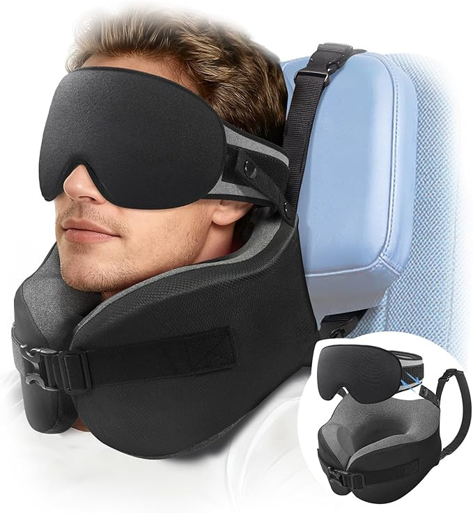 YFONG Travel Pillow for Long Flight Airplanes, Head Strap Combo with 3D Contoured Eye Mask for Sl... | Amazon (US)