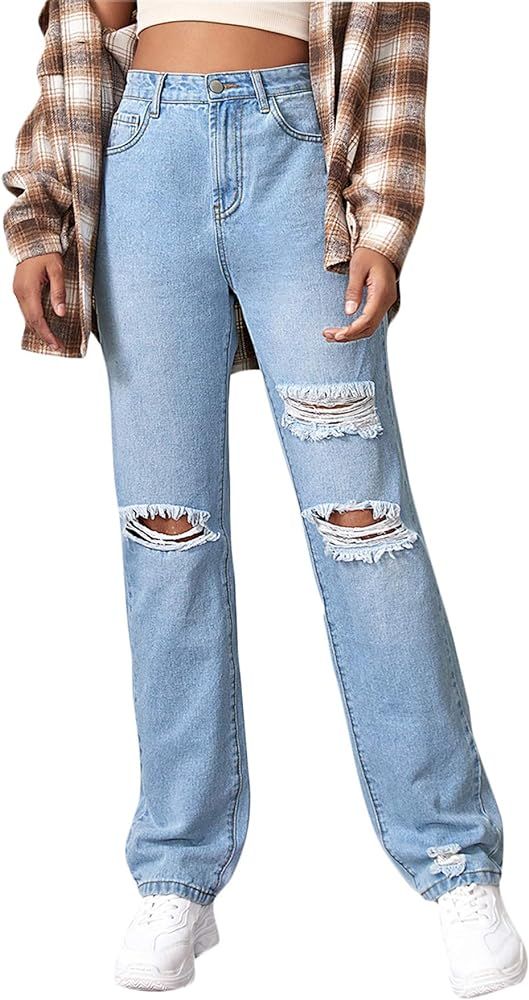 SweatyRocks Women's Ripped Straight Leg Jeans High Waist Distressed Cutout Denim Pants | Amazon (US)