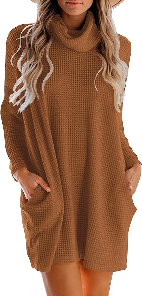 WONETA Women's Turtleneck Long Sleeve Sweater Dress Oversized Loose Knitted Sweater Dress with Po... | Amazon (US)