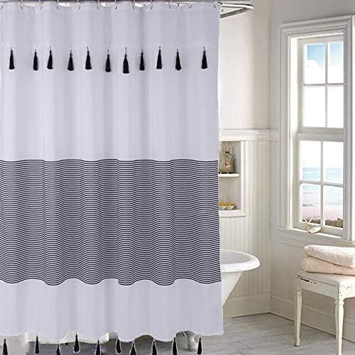Moii Boho Tasseled cortina de ducha, étnico negro Pomp Up franjas tela cortina de baño ducha co... | Amazon (US)