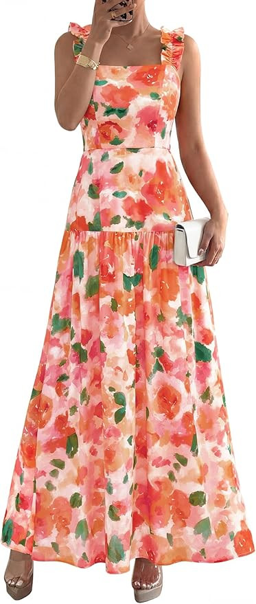 BTFBM Dresses for Women Summer 2026 Formal Sleeveless Smocked Floral Long Wedding Guest Dress Par... | Amazon (US)