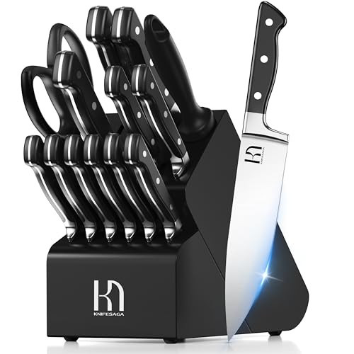KnifeSaga Knife Set, 15 Pcs Kitchen Knife Block Set, Enduring Razor-Sharp Japanese High Carbon Stainless Steel Chef Knife Set with Block and Sharpener, Premium Black Knives Set for Kitchen | Amazon (US)
