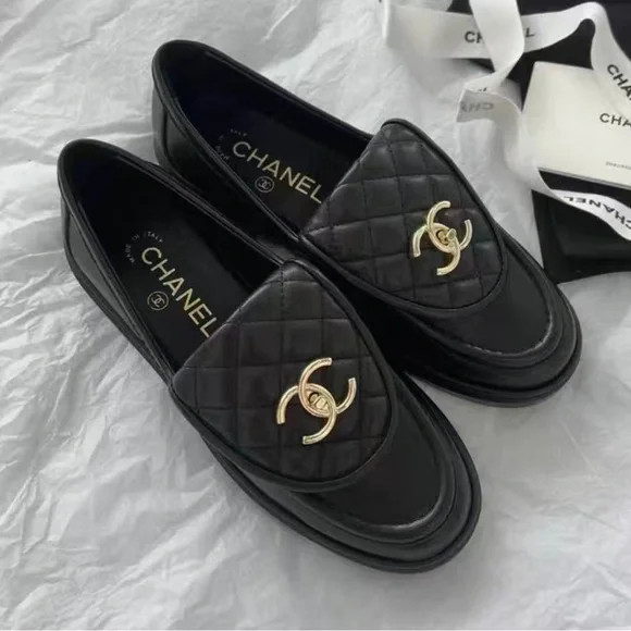 CHANEL Quilted Black Loafers with Gold Logo | Poshmark