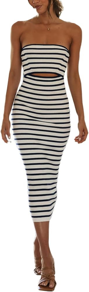Women's Strapless Sweater Dress Cutout Ribbed Knit Bodycon Bandeau Tube Dress Casual Solid Maxi L... | Amazon (US)