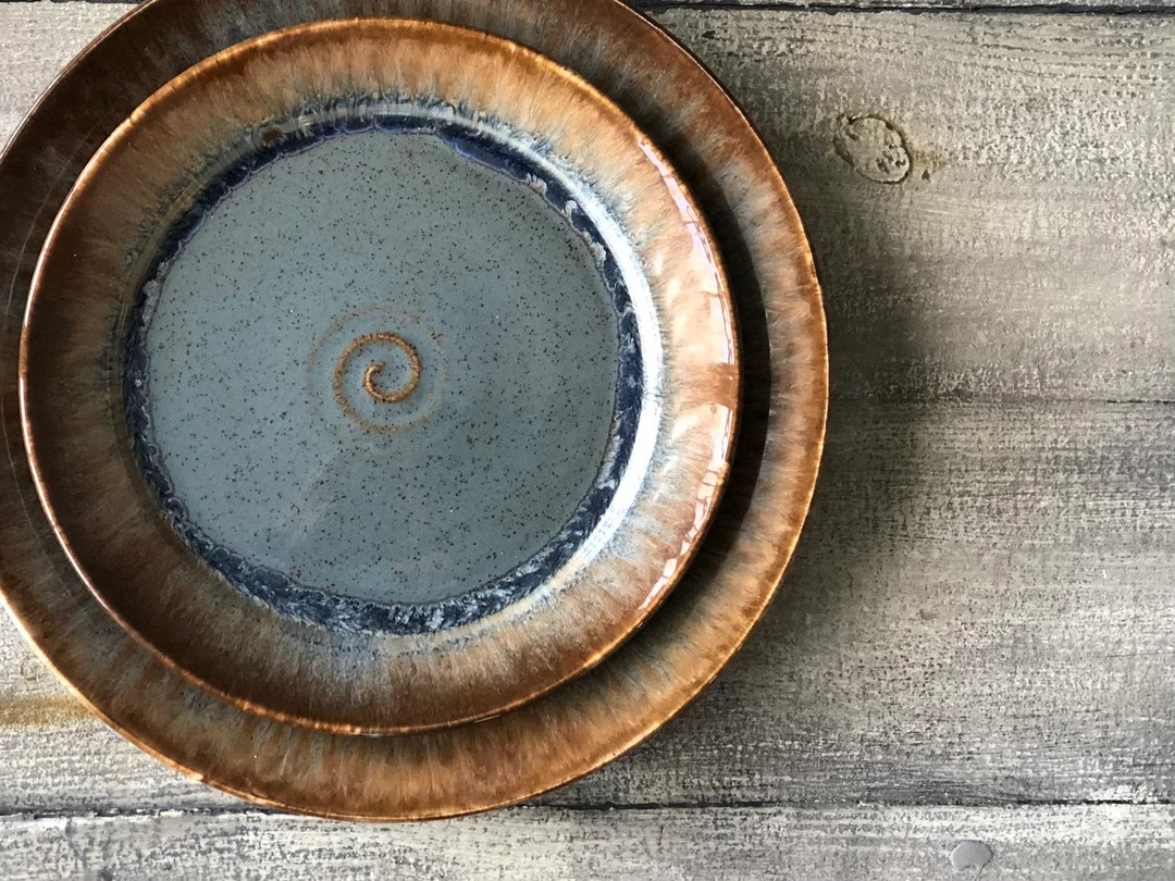 Handthrown Plates Dinnerware Large Medium and Small Volcano Blue Stoneware Pottery Dinner Dessert... | Etsy (US)