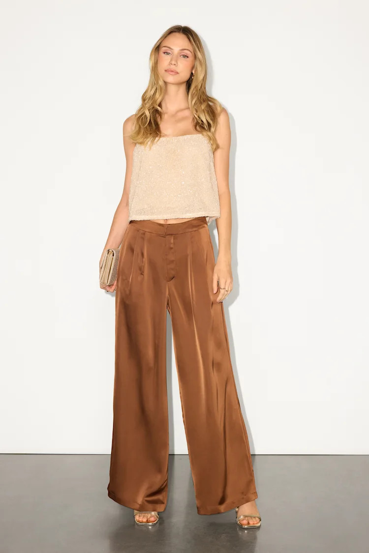 Bessah Light Brown Satin Wide Leg Mid-Rise Trouser Pants | Lulus