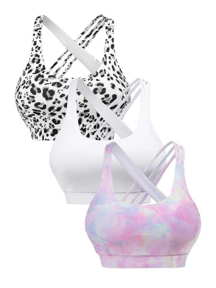 SHEIN Sport Studio 3pack Tie Dye & Leopard Print Criss Cross Backless Sports Bra workout tops | SHEIN