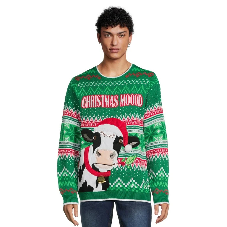 Holiday Time Men's Cow Ugly Christmas Sweater with Long Sleeves - Walmart.com | Walmart (US)
