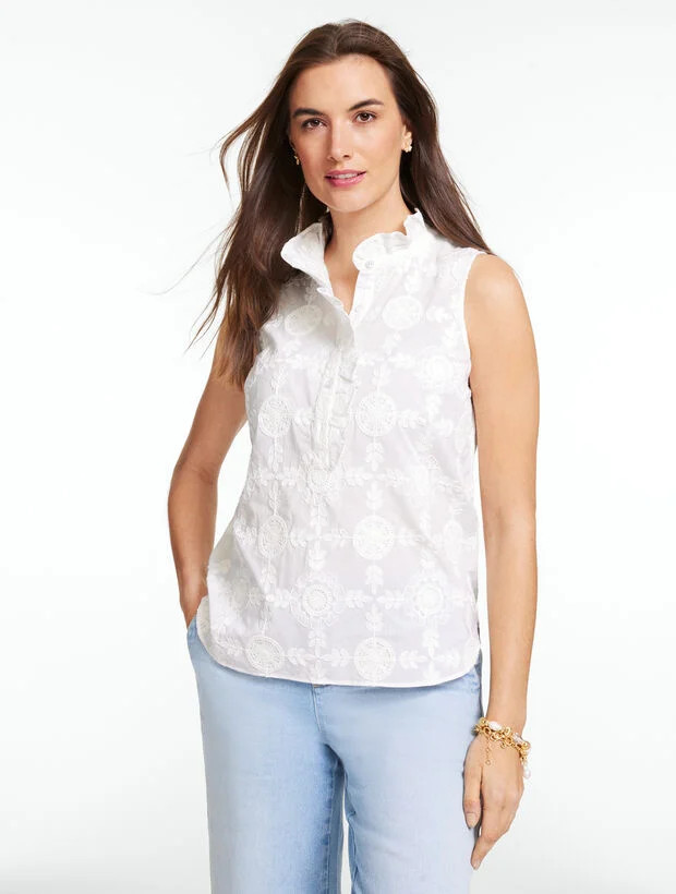 Embroidered Ruffle Neck Top - Seabloom | Talbots