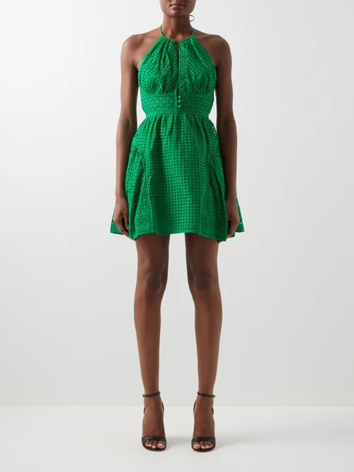 Self-portrait - Broderie-anglaise Cotton Mini Dress - Womens - Bright Green | Matches (US)